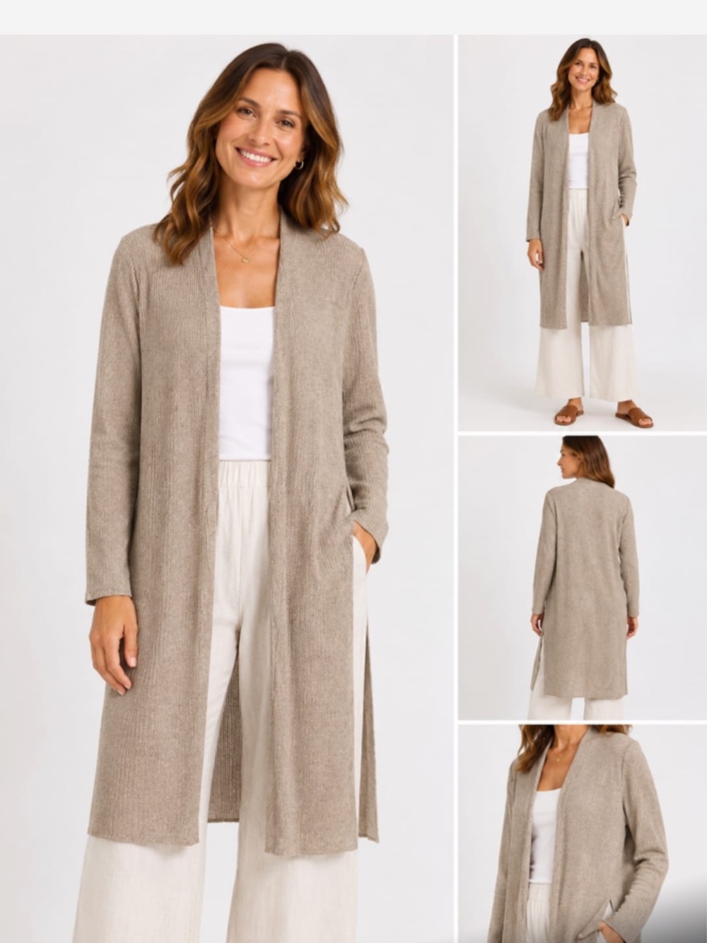 Eileen Fisher Size S  100% Organic Linen Open Front Long Cardigan Taupe